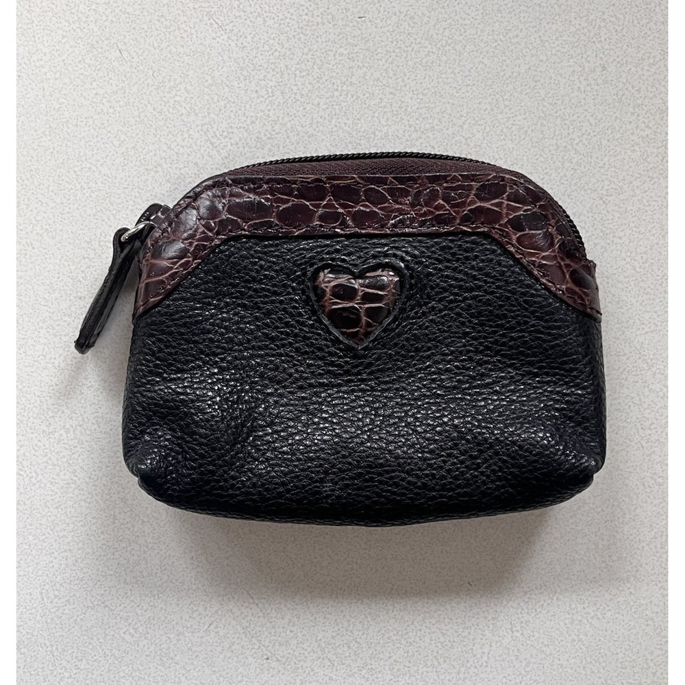 Vintage Brighton Change Coin Wallet Purse Brown & Black Leather Pebbled Heart